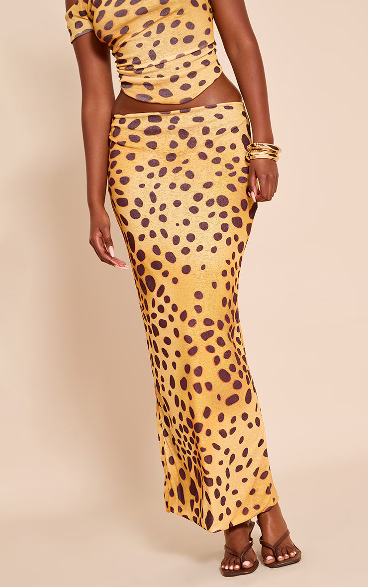 Yellow Leopard Print Onion Skin Low Rise Maxi Skirt