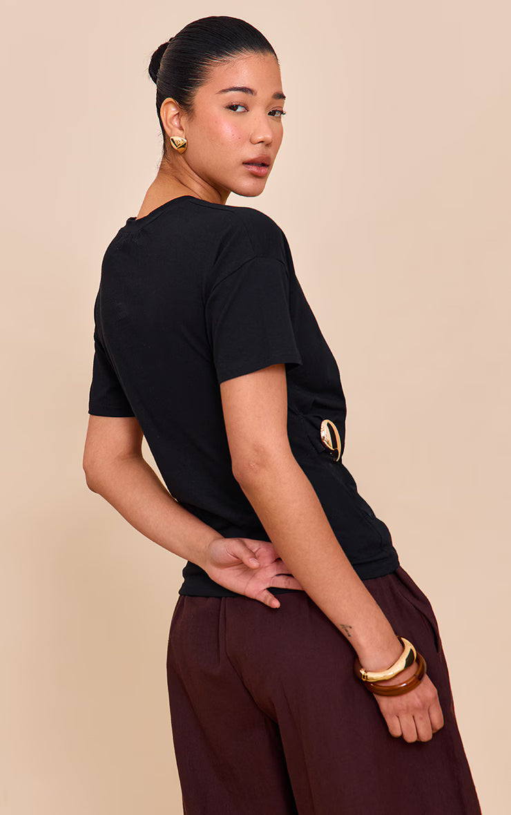 Black Trim Detail Asymmetric Hem T Shirt