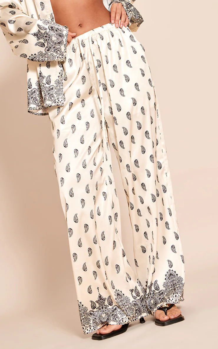 Cream Paisley Print Drawstring Extreme Wide Leg Pant