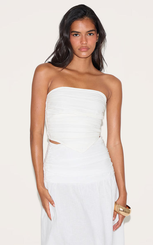 White Cotton Poplin Ruched Front Bandeau Top