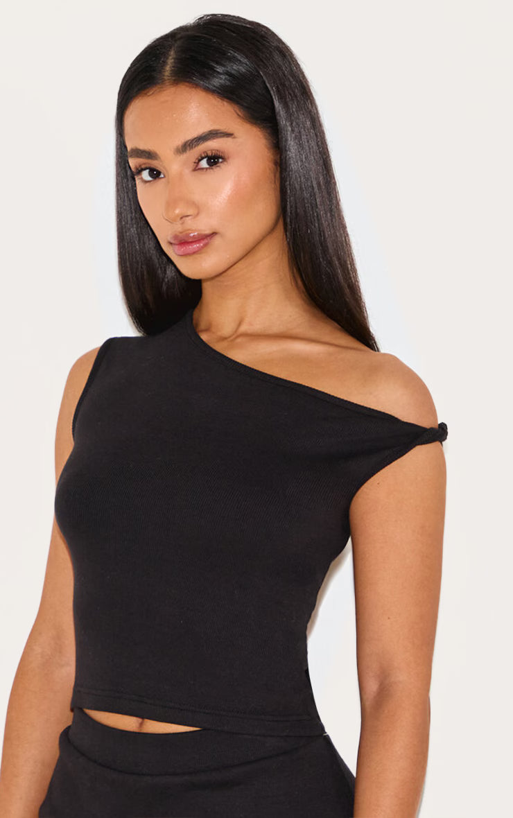 Petite Black Ribbed Twist Detail Top
