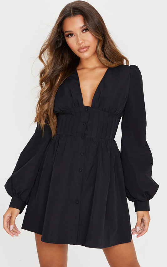 Black Button Front Fitted Puff Sleeve Skater Dress