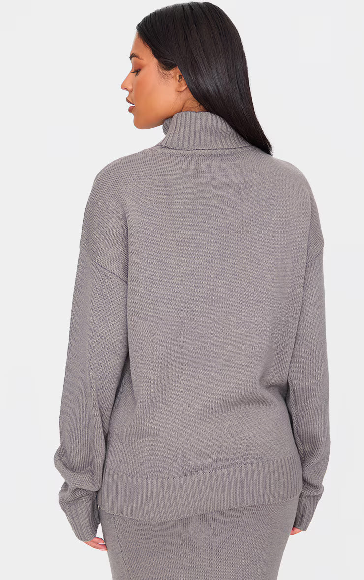 Tall Grey Soft Knit Roll Neck Oversized Sweater