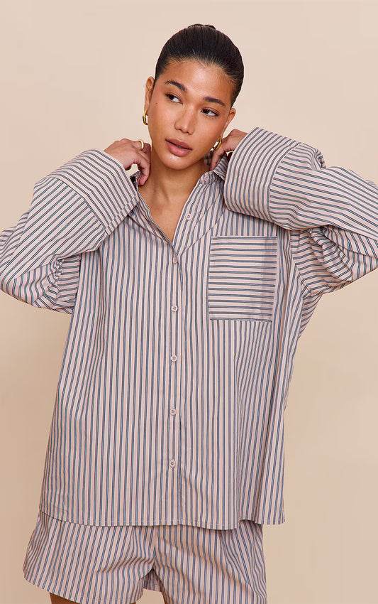Stone Woven Pinstripe Balloon Sleeve Oversized Shirt