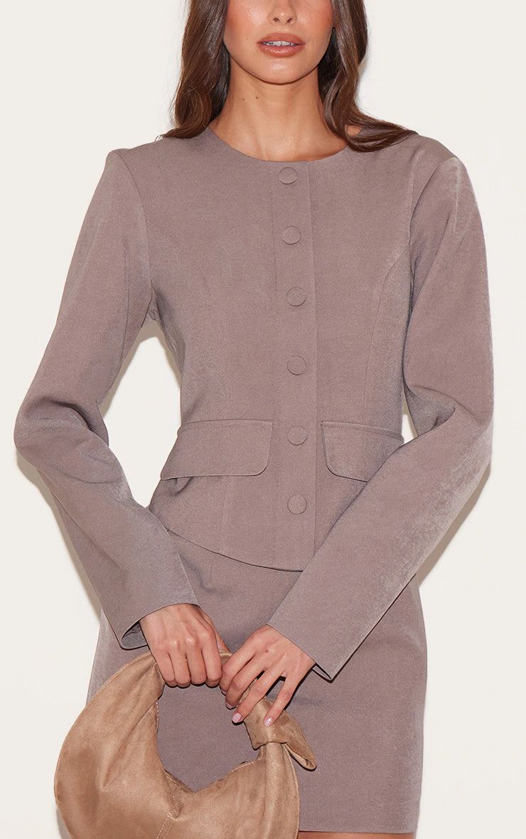 Mushroom Woven Tailored Button Detail Mini Dress