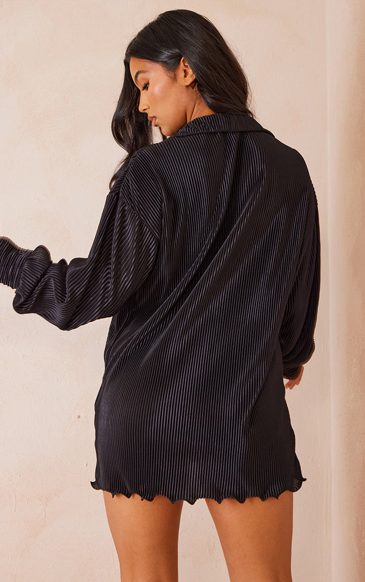 Black Plisse Frill Hem Shirt Dress
