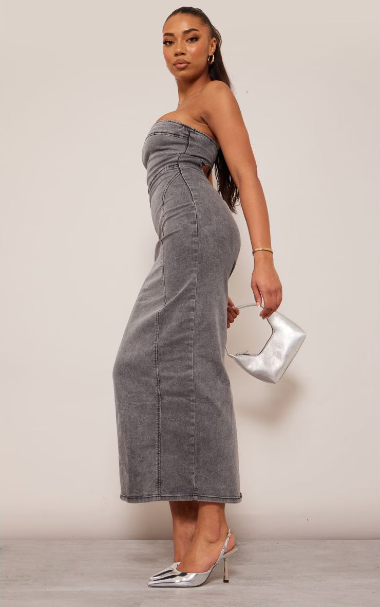 Tall Black Bandeau Stretch Denim Midaxi Dress