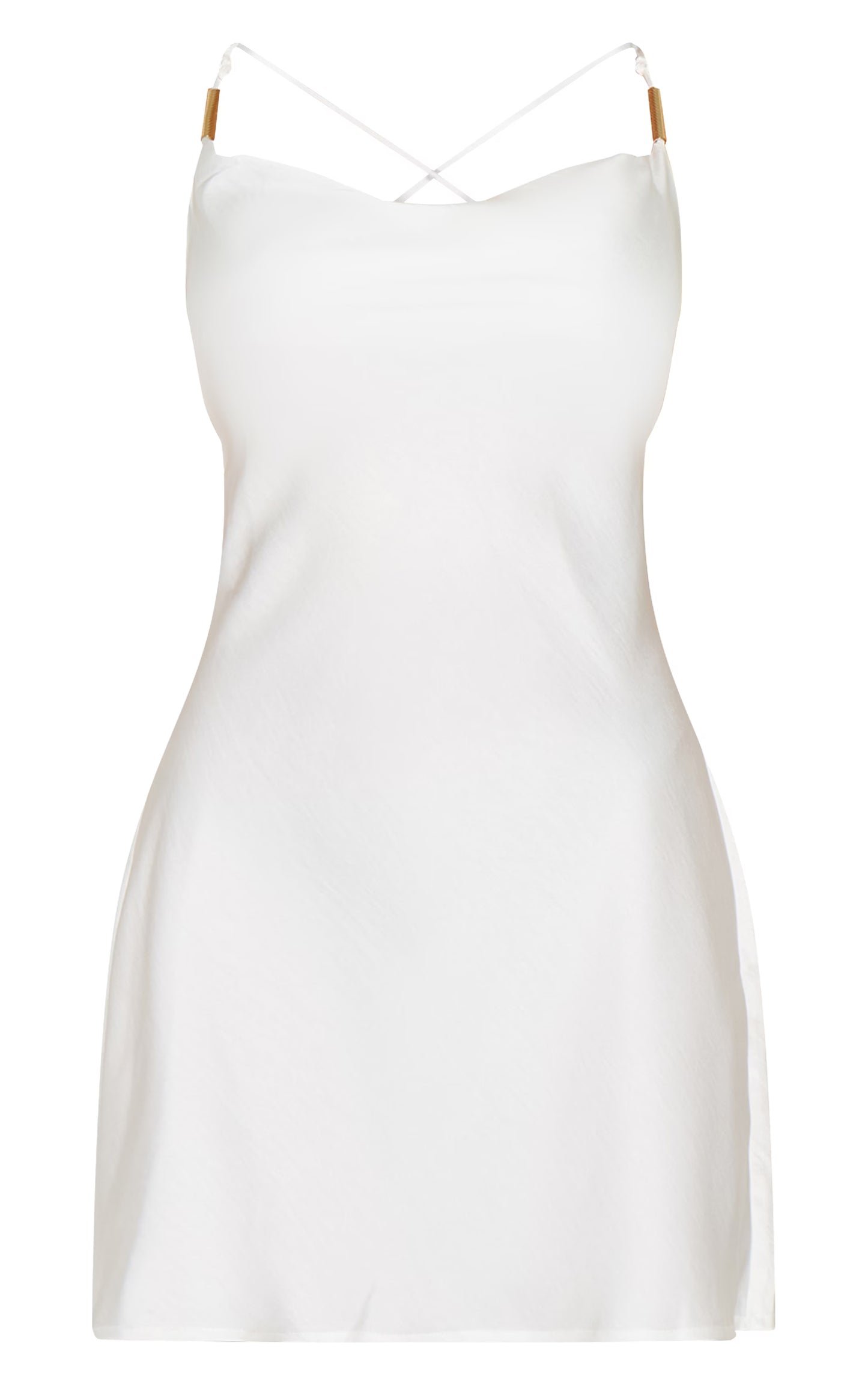 Petite White Cowl Satin Shift Mini Dress With Trim Details
