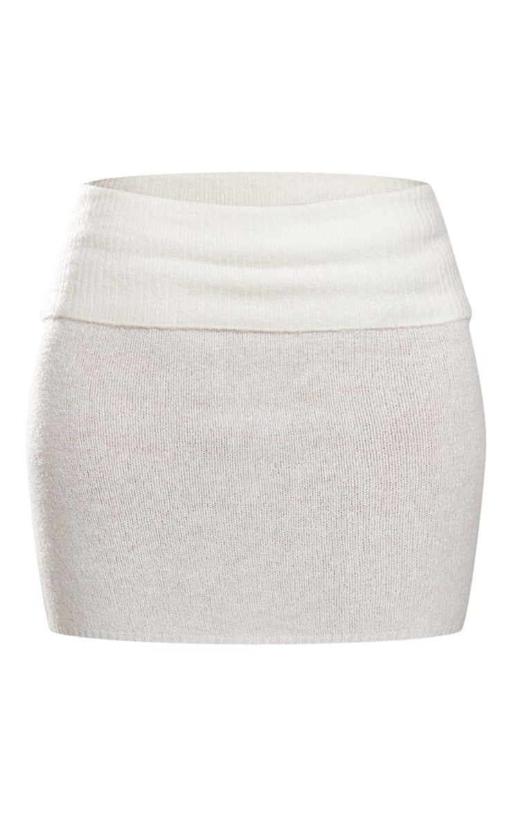 Cream Boucle Knit Fold Over Mini Skirt