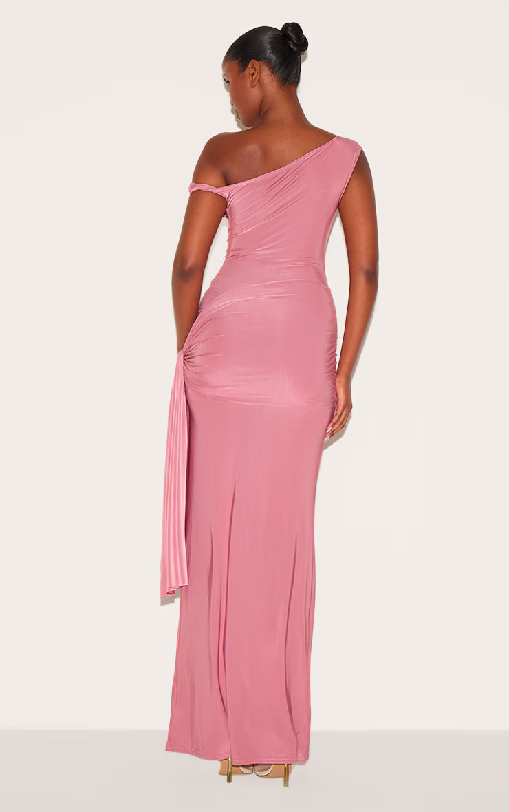 Blush Rose Slinky Off Shoulder Wrap Detail Maxi Dress