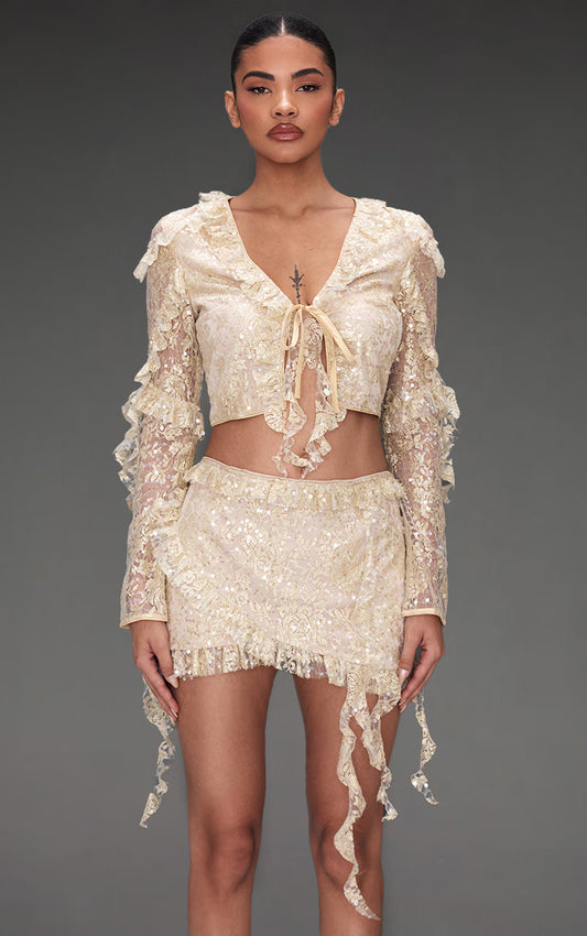 Champagne Sequin Lace Ruffle Detail Tie Front Blouse