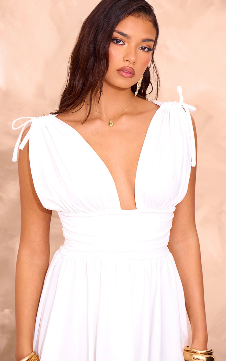 White Jersey Plunge Neck Shift Dress