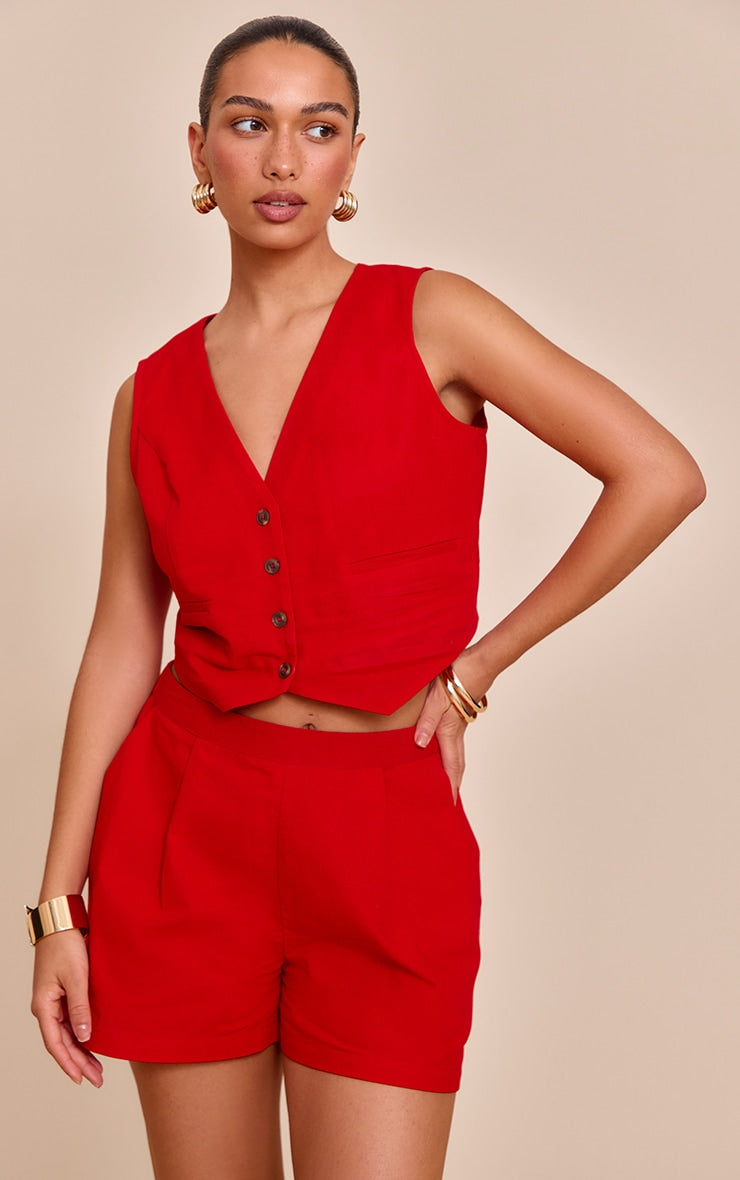 Tomato Red Linen Look Oversized Detail Floaty Short