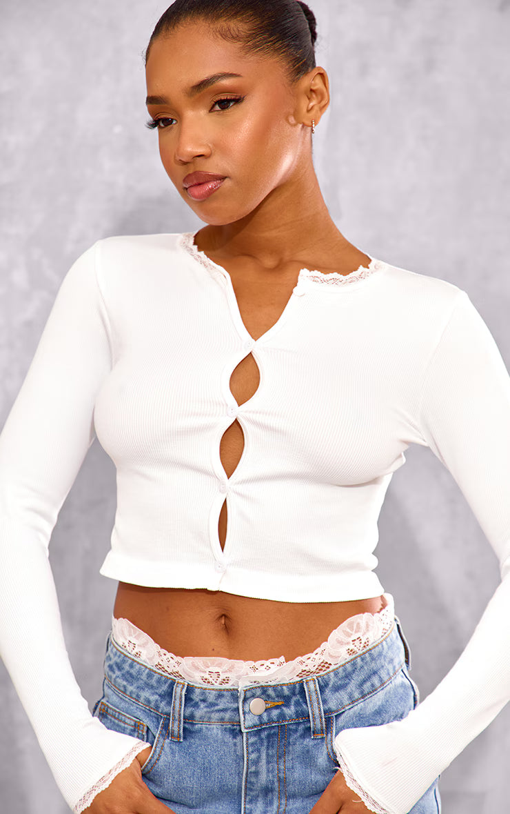 White Lace Trim Snatched Rib Button Up Long Sleeve Top