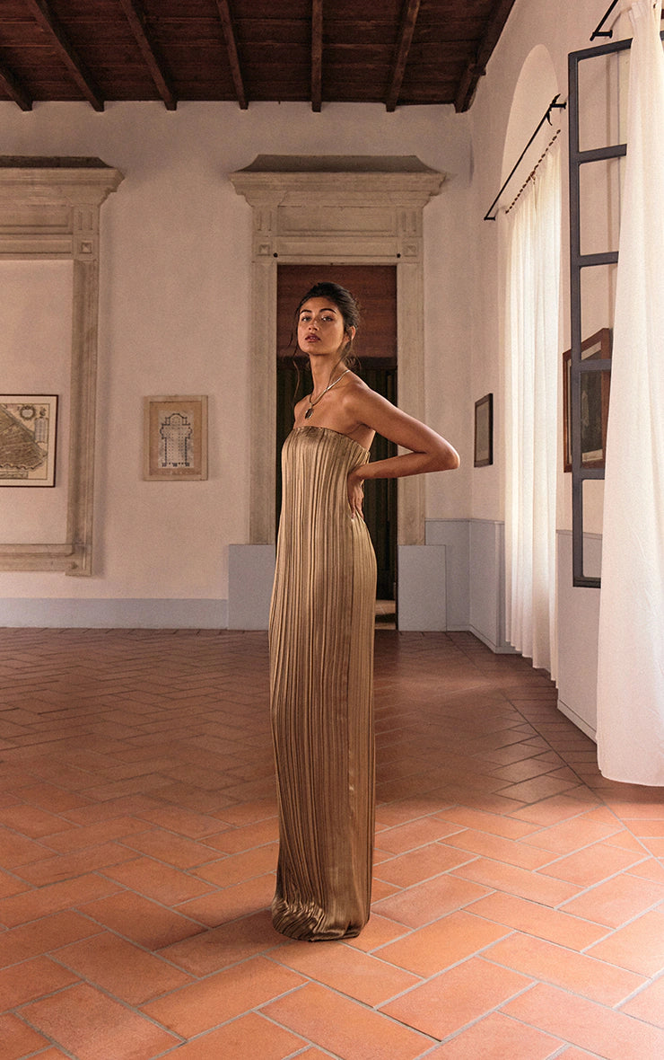 PLT Label Gold Plisse Satin Column Bandeau Maxi Dress