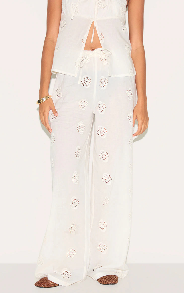 White Broderie Swirl Detail Straight Leg Pants