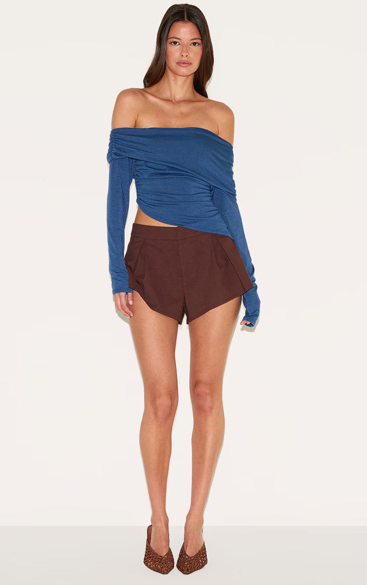 Petrol Blue Contour Jersey Fold Over Detail Bardot Long Sleeve Top