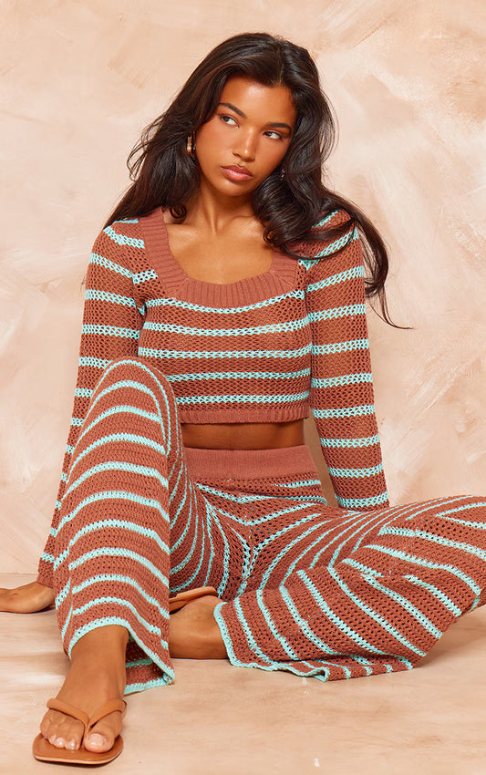 Mocha Stripe Crochet Knit Square Neck Long Sleeve Top