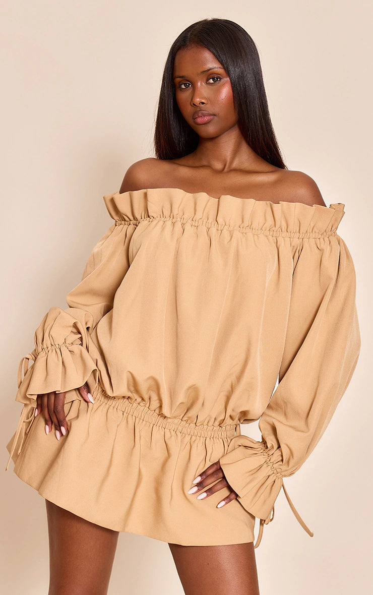 Mustard Woven Tie Detail Bandeau Long Sleeve Mini Dress