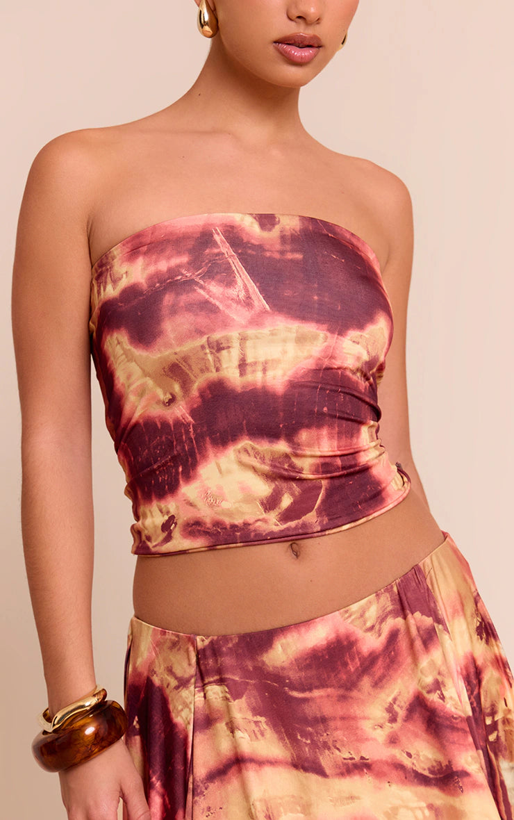 Deep Red Abstract Print Double Layer Slinky Bandeau Top