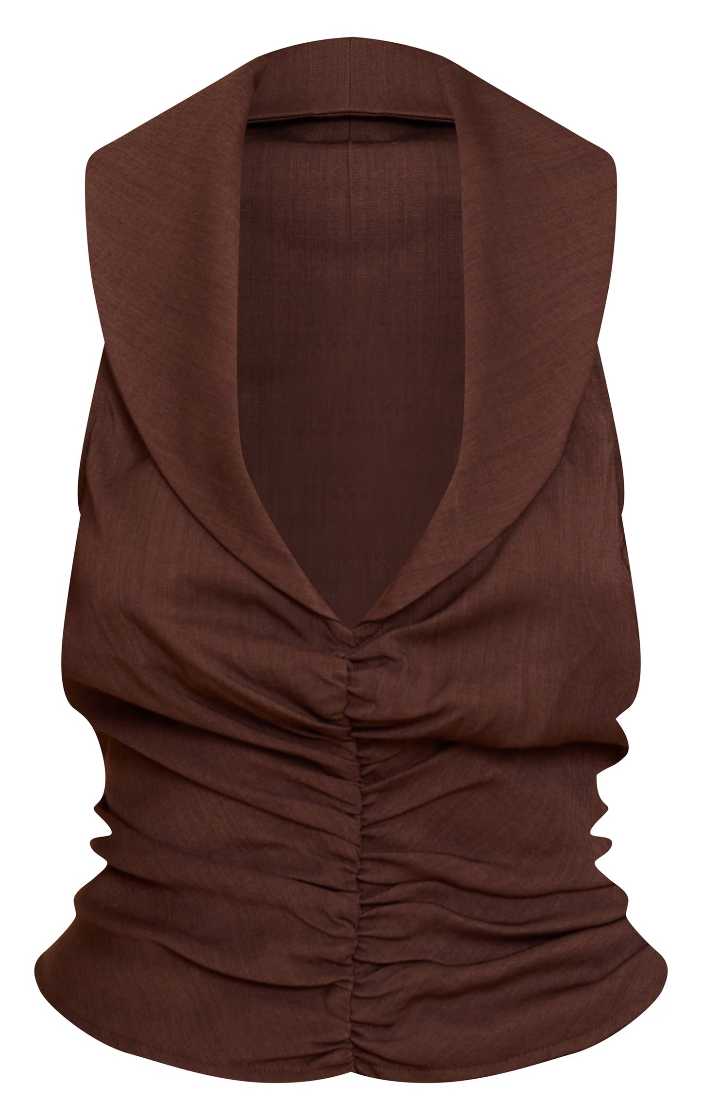 Chocolate Ruched Plunge Front Sleeveless Top