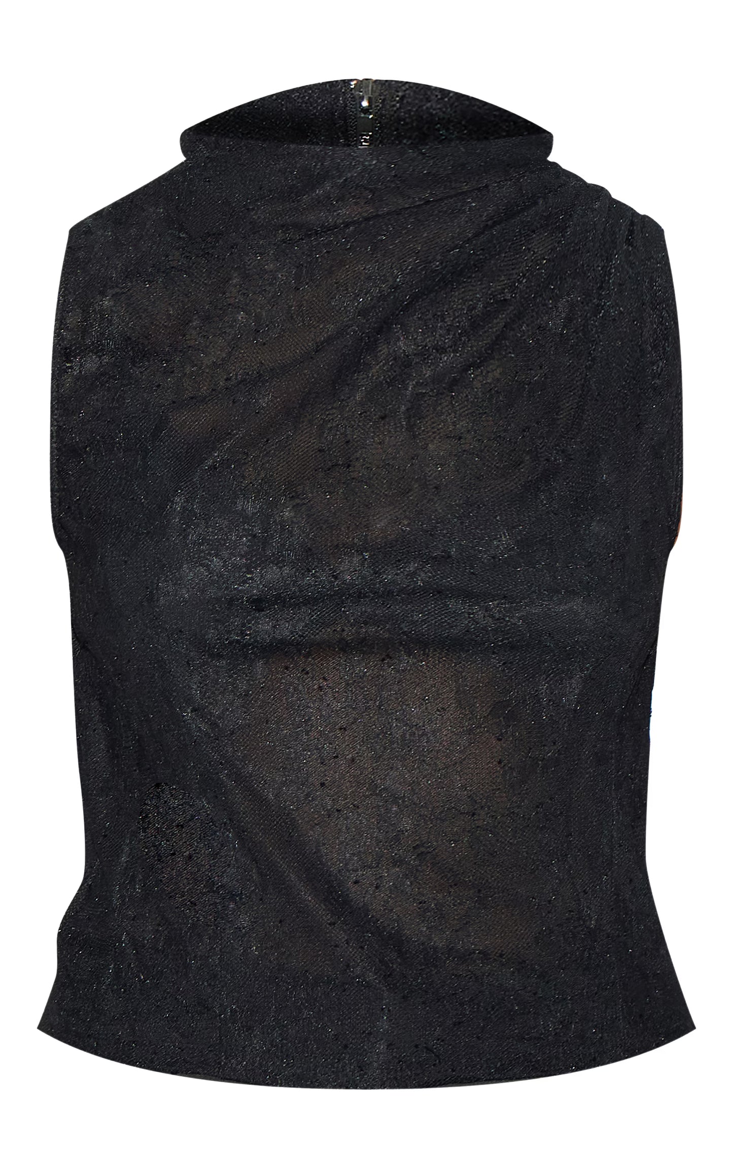 Black Lace Ruched Shoulder High Neck Top