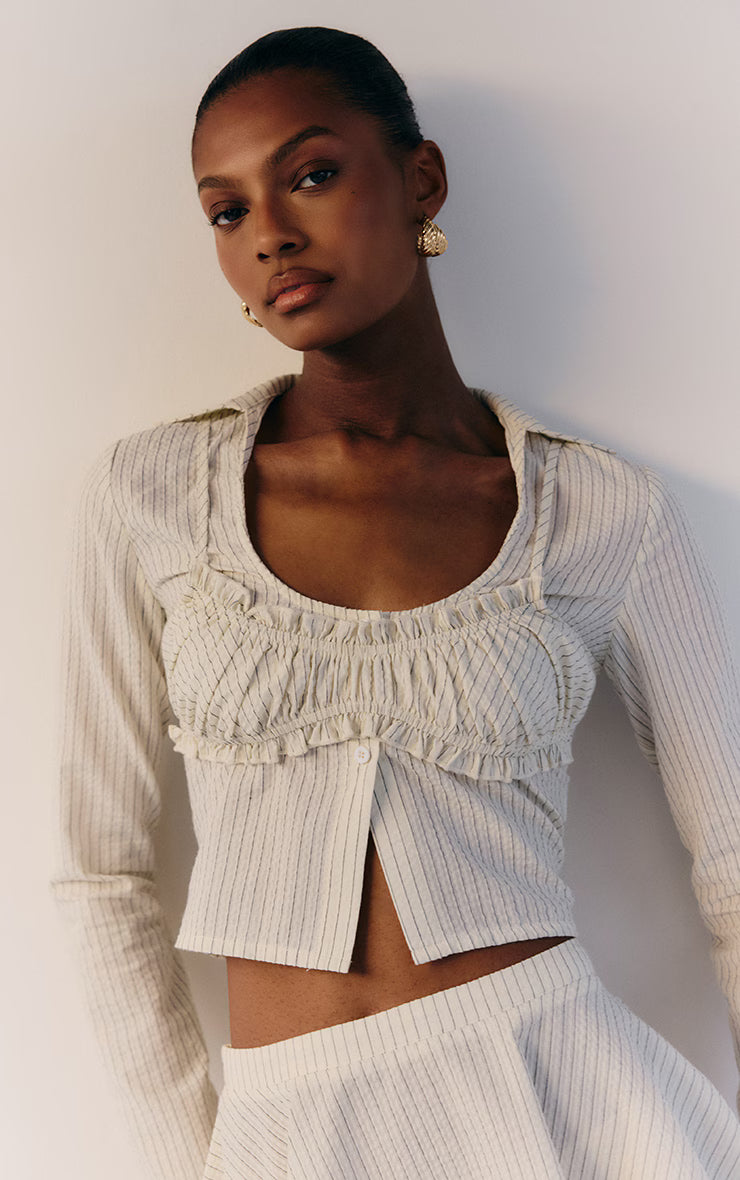 Cream Pinstripe Seersucker Flippy Mini Skirt