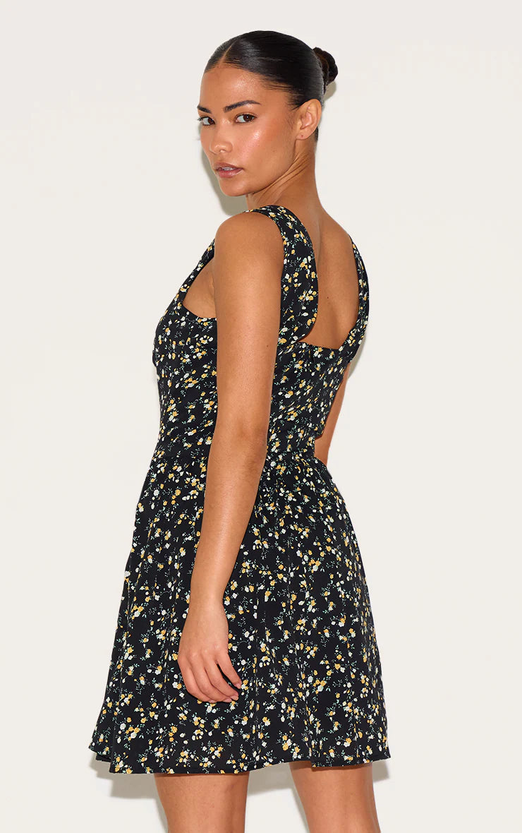 Petite Black Floral Detail Mini Shift Dress