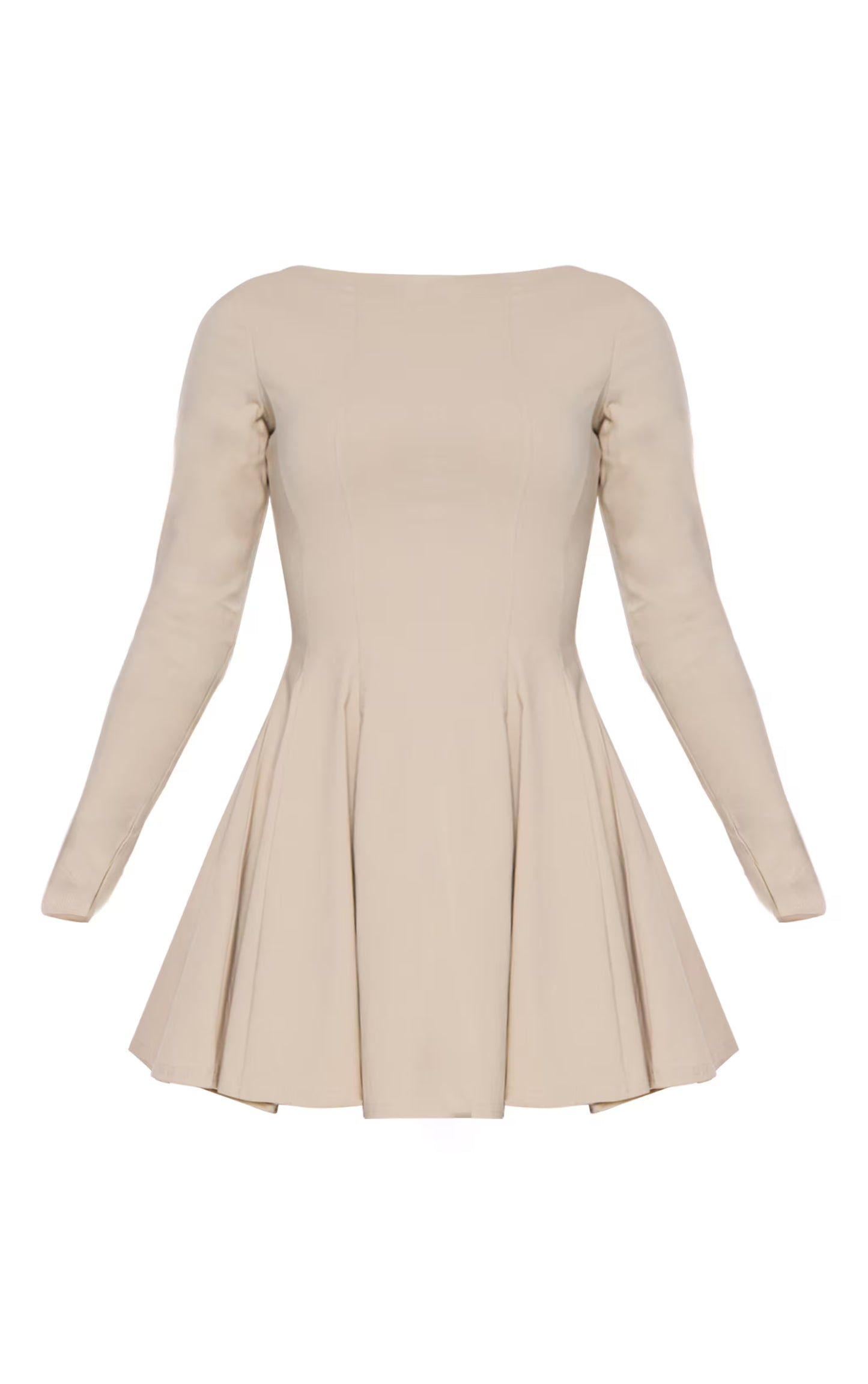 Stone Stretch Woven Boat Neck Long Sleeve Pleated Shift Dress