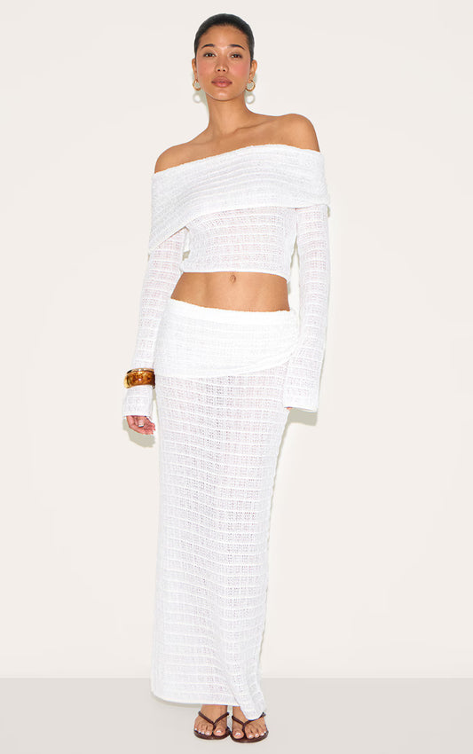 White Fold Over Textured Knit Skirt