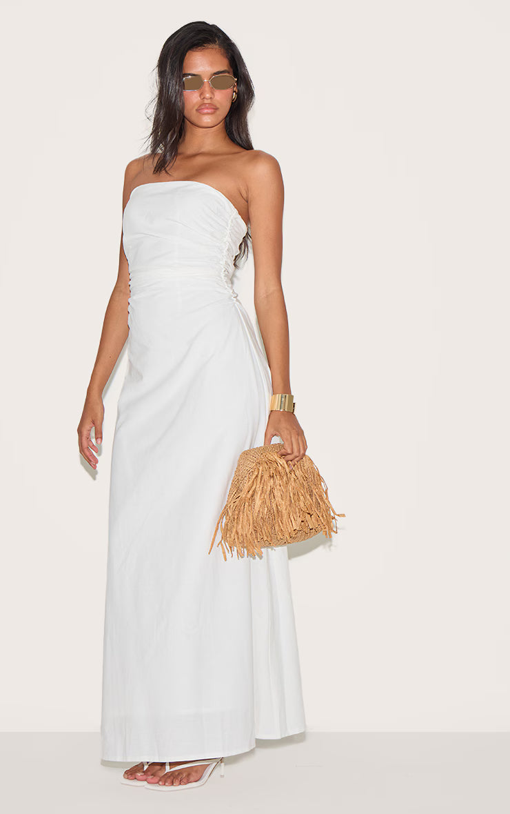 White Bandeau Ruched Waist Detail Maxi Dress