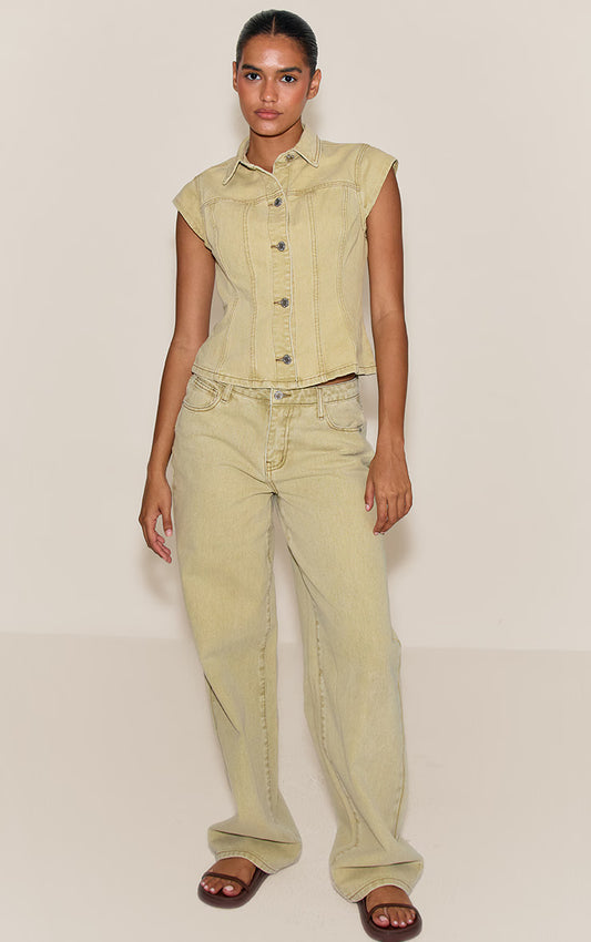 Washed Light Sage Mid Rise Straight Leg Style Jeans