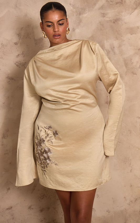 PLT Label Plus Stone Satin Embroidered Cowl Back Bodycon Dress