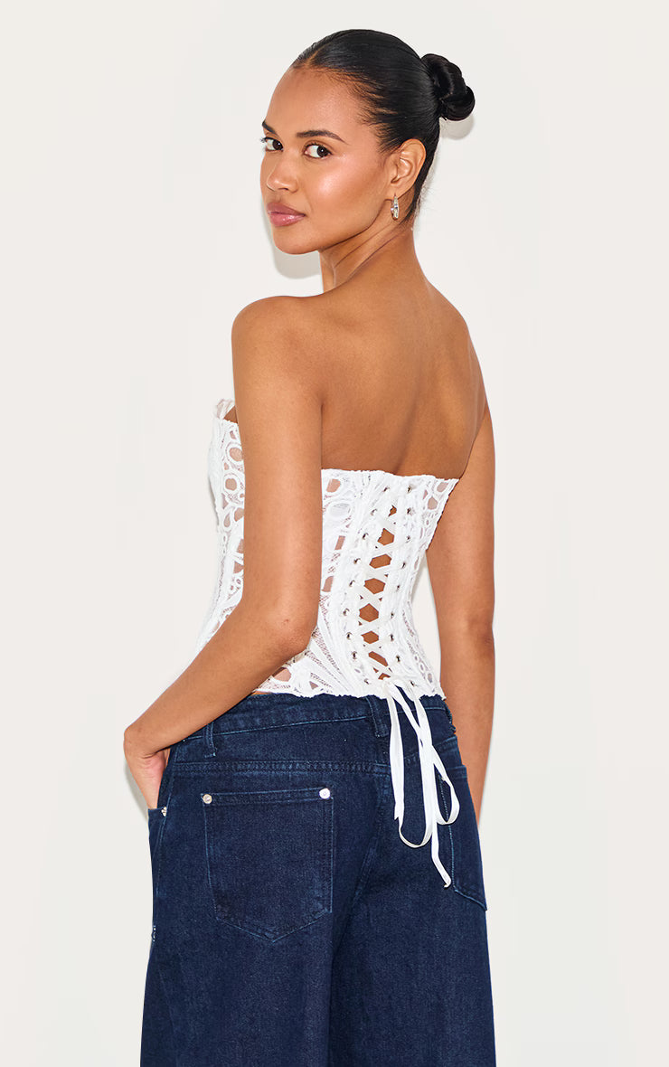 White Textured Sheer Floral Lace Corset