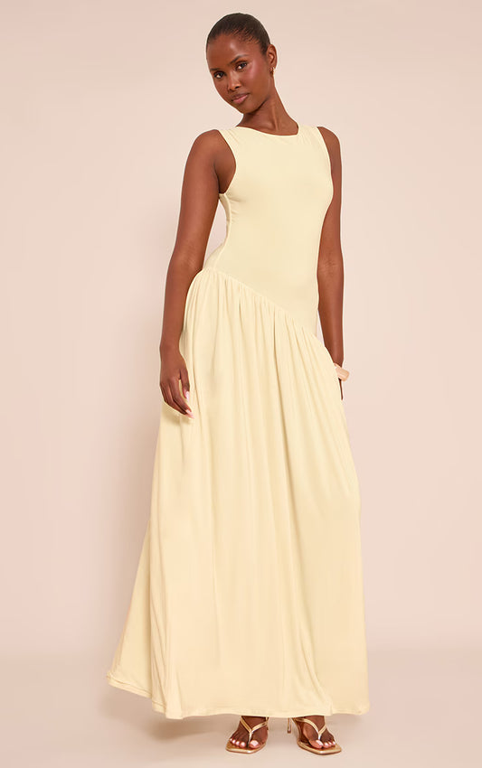 Yellow Double Layer Soft Touch Asymmetric Dropped Waist Maxi Dress