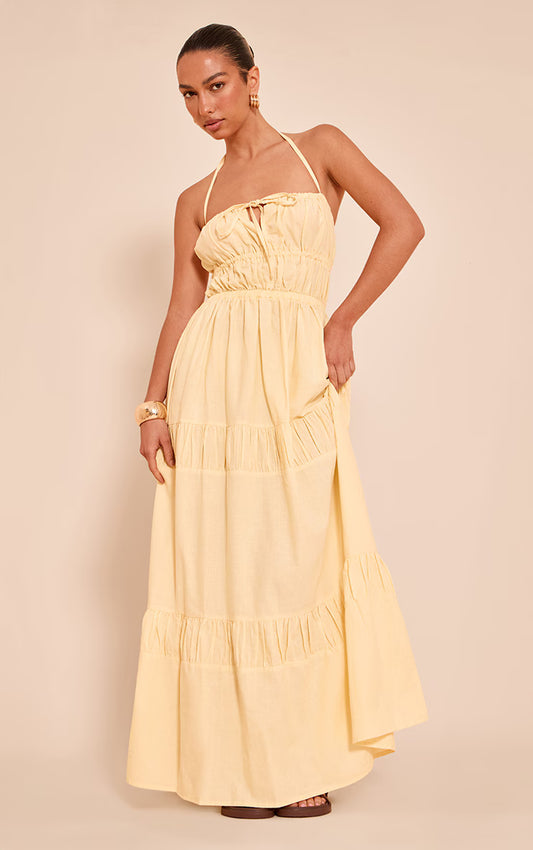 Lemon Ruched Backless Strappy Maxi Dress