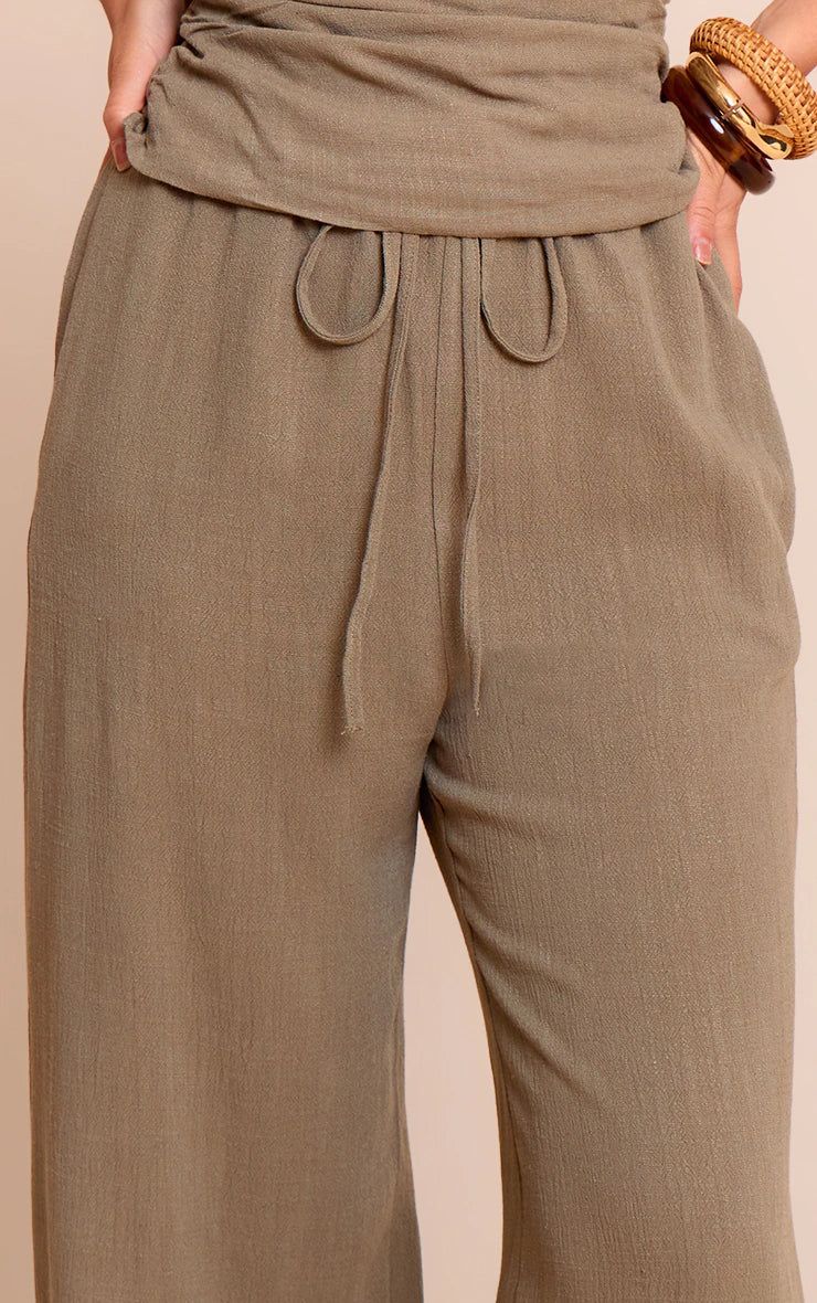 Khaki Textured Mid Rise Wide Leg Drawstring Pants