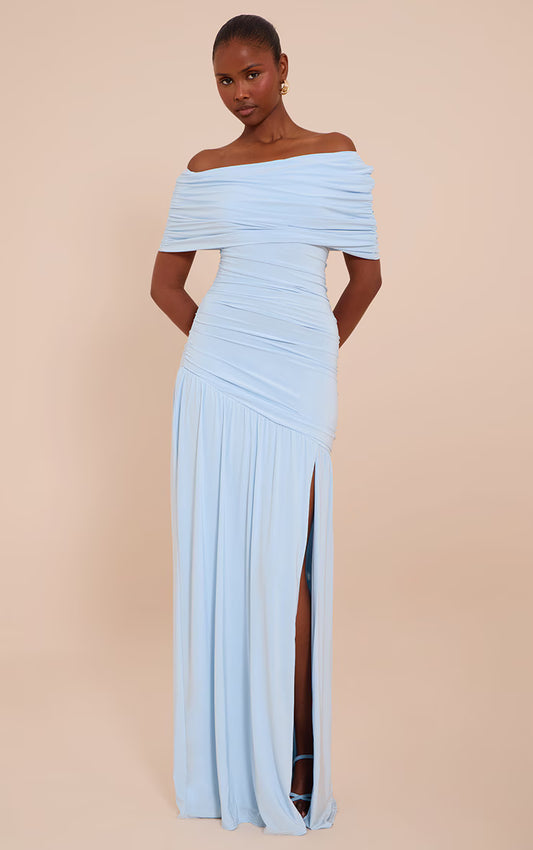 Blue Double Layer Slinky Bardot One Shoulder Ruched Maxi Dress