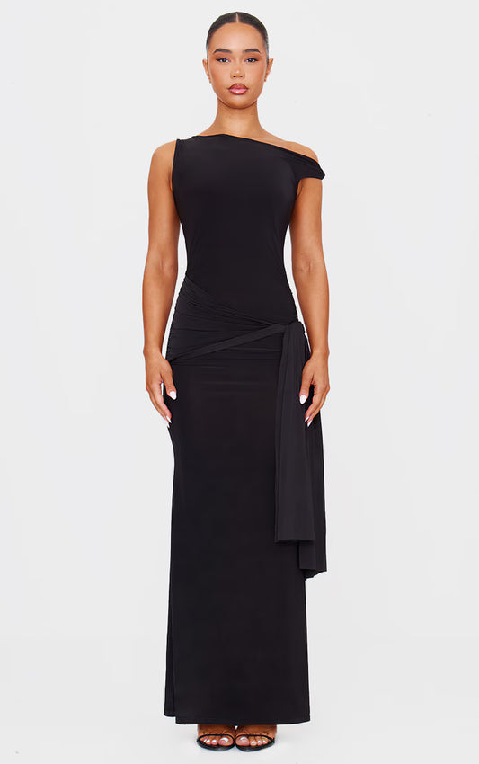 Black Slinky Off Shoulder Wrap Detail Maxi Dress