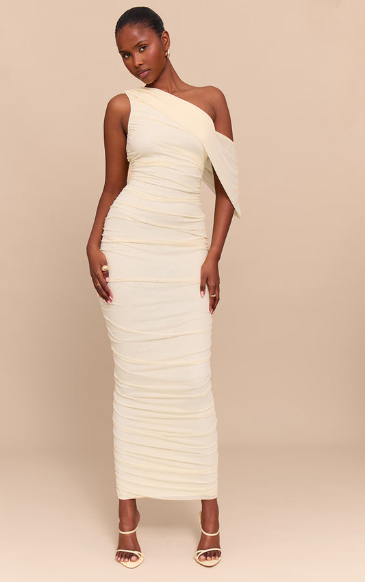 Almond Mesh Overlay One Shoulder Ruched Maxi Dress
