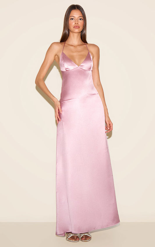 Pink Satin Low Back Maxi Slip Dress