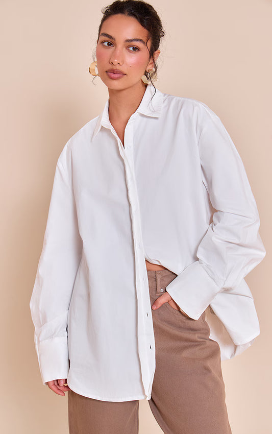 White Cotton Oversized Cuff Shirt