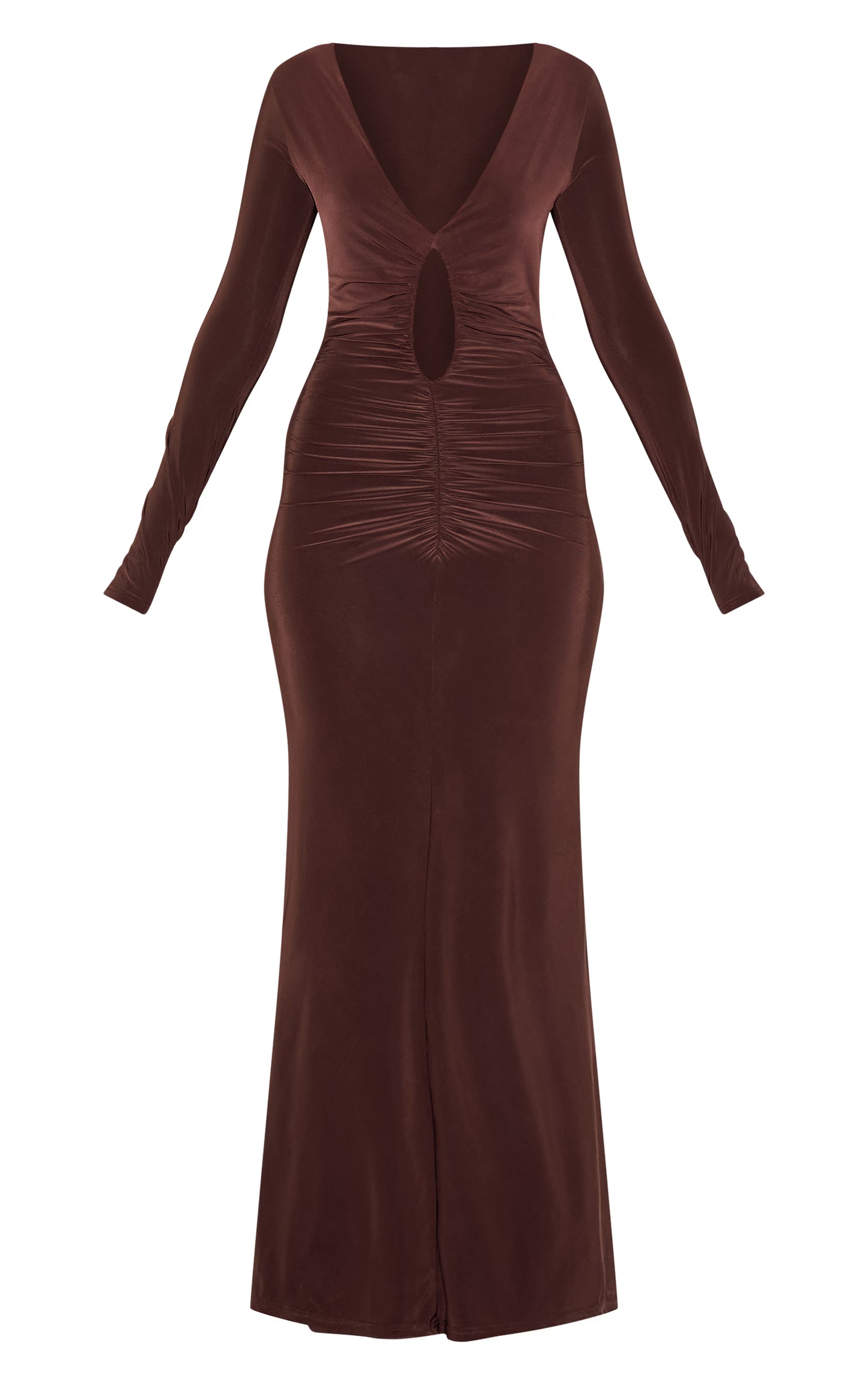 Chocolate Double Layer Plunge Ruched Maxi Dress