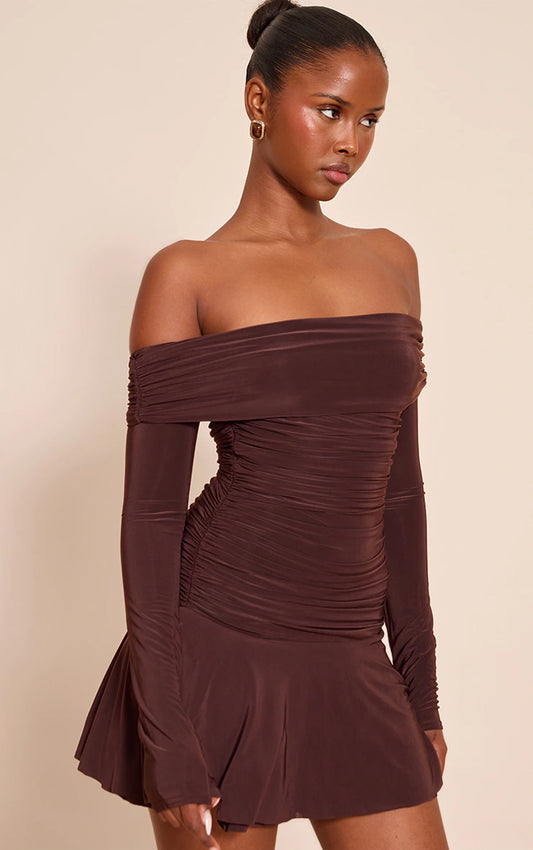 Chocolate Double Layer Slinky Long Sleeve Bardot Mini Dress