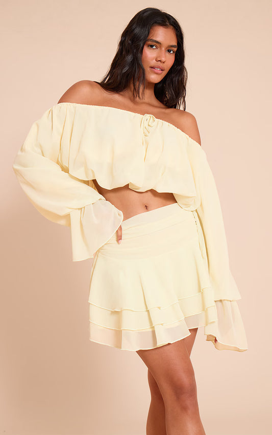 Lemon Chiffon Bardot Balloon Sleeve Top