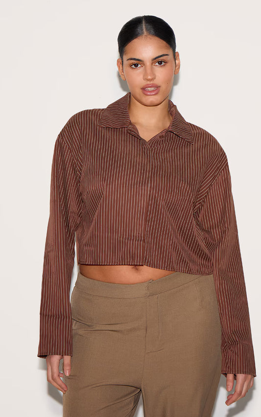 Plus Brown Faux Suede Cropped Striped Shirt