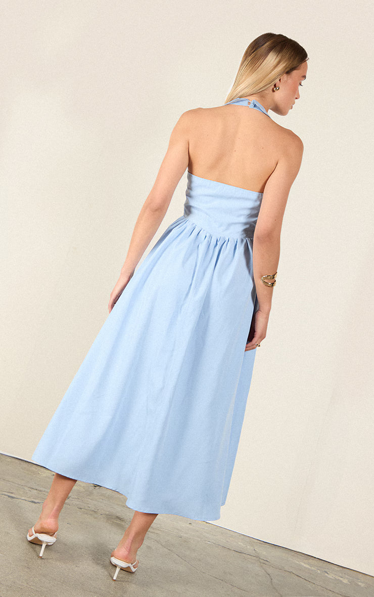 Blue Woven Button Collar Midaxi Dress