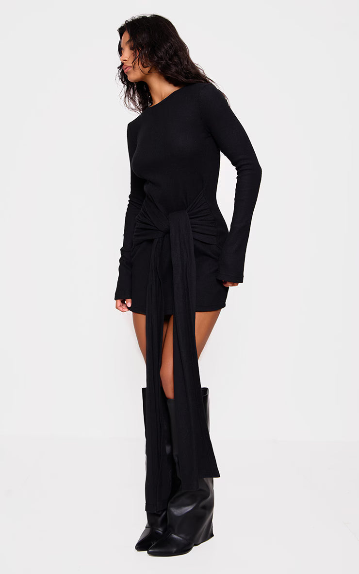 Black Heavy Brushed Rib Wrap Tie Bodycon Dress