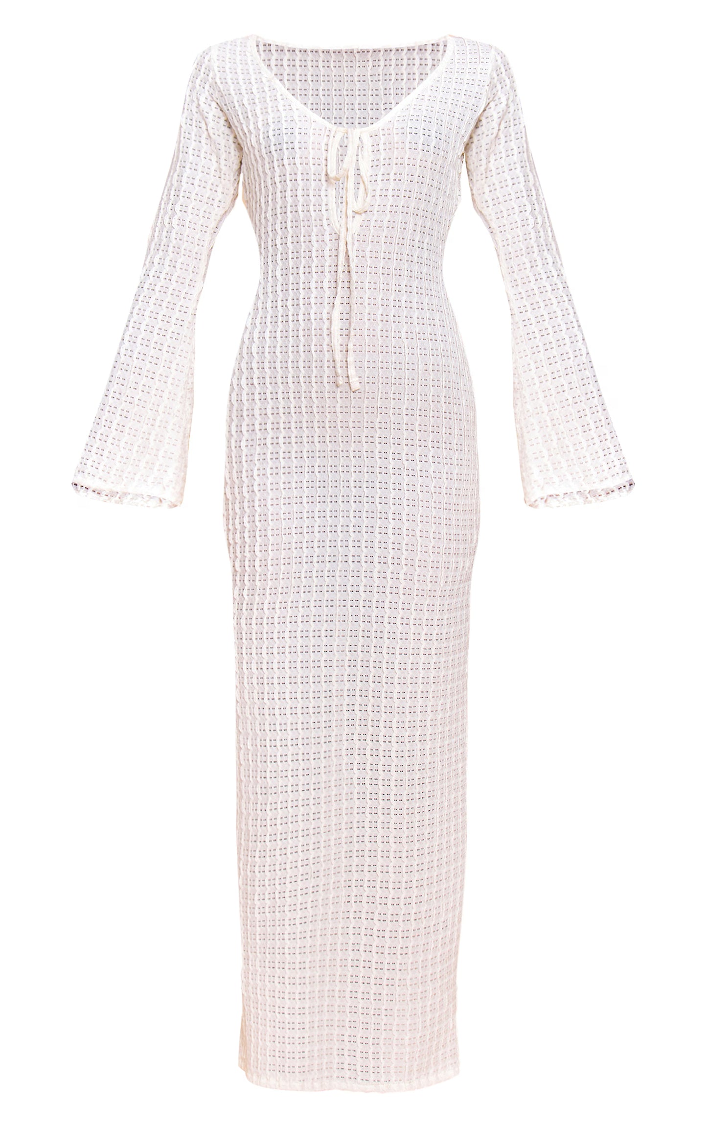 Cream Textured Keyhole Tie Detail Long Sleeve Bodycon Dress