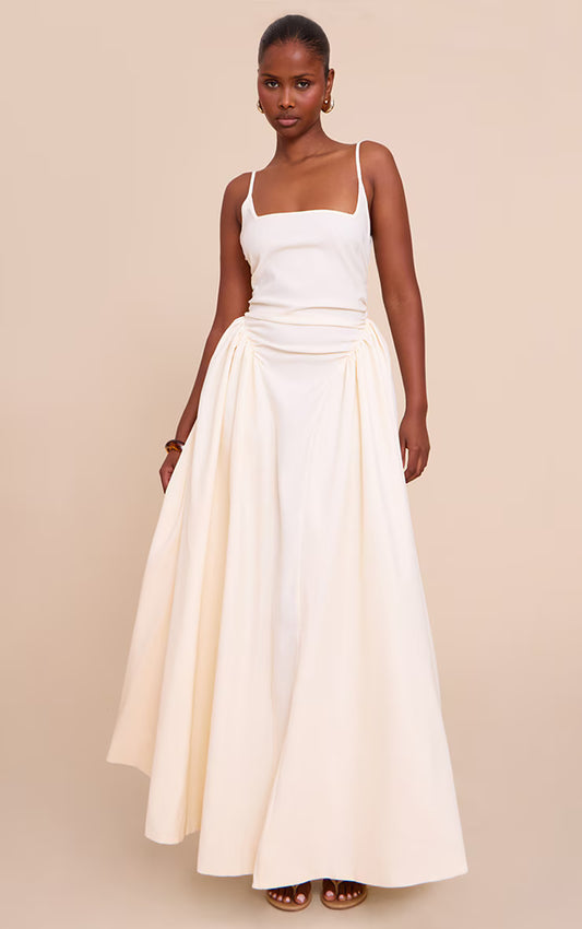 Cream Woven Ruched Strappy Midi Dress